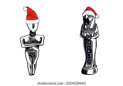 Graphical illustration of idols of the Holy Mother and God Ptah  in red Santa Claus hat isolated on white.Religion, paganism