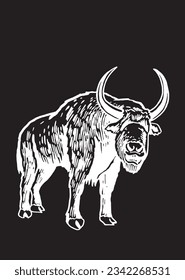 Graphical illustration of mammoth isolated on black,vector engraved  illustration