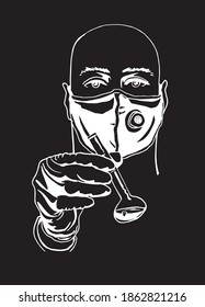 Graphical illustration of man in mask holding serum bottle on black background, pandemic, vector
