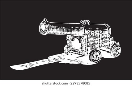 Graphical illustration with medieval gun, a type of artillery piece isolated on black background, vector element of military weapon for coloring,tattoo,design