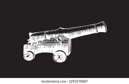 Grafische Illustration mit mittelalterlicher Pistole, eine Art Artillerie einzeln auf schwarzem Hintergrund, Vektorelement militärischer Waffen zum Färben, Tätowieren, Design