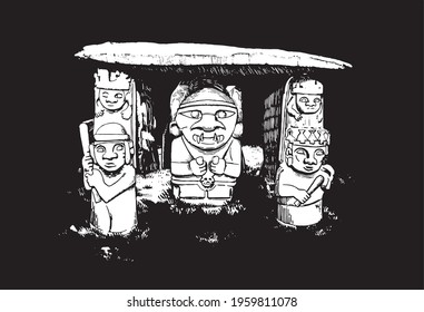 Graphical illustration of megalith with human faces. 3D monument