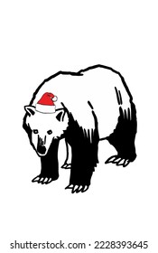 Graphical illustration of  polar bear in Santa Claus hat  isolated on white background,vector