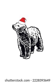 Graphical illustration of  polar bear in Santa Claus hat  isolated on white background,vector