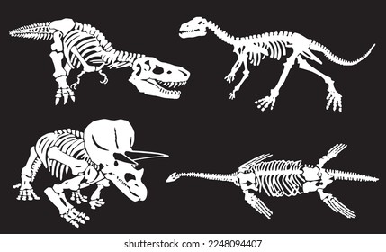 Graphical illustration, set of dinosaur skeletons isolated on black background,vector engraved illustration