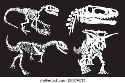 Graphical illustration, set of dinosaur skeletons isolated on black background,vector engraved illustration