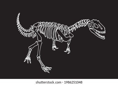 Graphical illustration of skeleton of tyrannosaurus isolated on black, sketch for coloring, doodle art