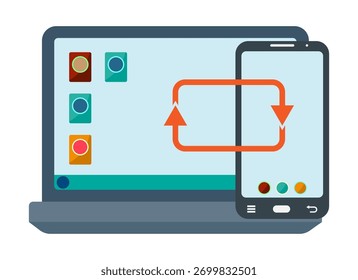 Ilustração gráfica do ícone de sincronização de dispositivos móveis e do computador. Sincronização ou transmissão de dados. Ilustração do vetor EPS10