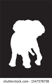 Graphical illustration, vector white silhouette of elephant isolated on black background