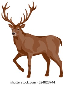 a graphical illustration of walking deer brown with big horns