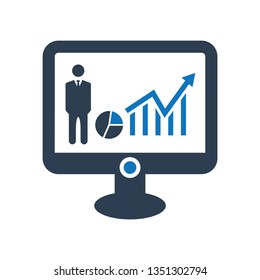 Graphical Information, Online statistics report, Online Marketing Research Icon. Computer with man icon 