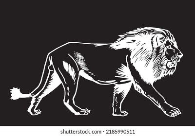 Graphical ink pen lion walking right isolated on black,vector illustration