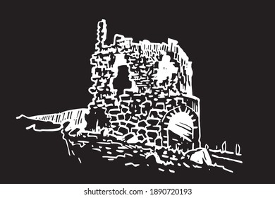 Graphical kalamite fortress isolated on black, Inkerman,Crimea. Vector illustration