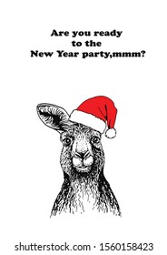 Graphical kangaroo in New year hat isolated on white background, place for text, Christmas card for your design