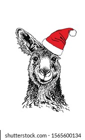 Graphical kangaroo in Santa Claus hat isolated on white background,vector new year illustration