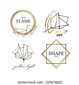 Graphical labels with geometrical scratched shapes, black and golden logo vector package.