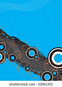 A graphical layout with circles and retro art elements.  This vector image is fully editable.