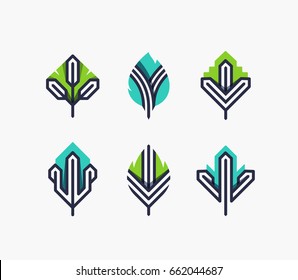 Graphical leaf symbols set, color and line geometrical design elements, ecological icons, logo.  