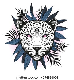 Graphical leopard  with palm leaves