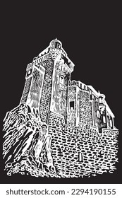 Graphical Liechtenstein castle isolated on black,vector engraved illustration, architecture of Germany