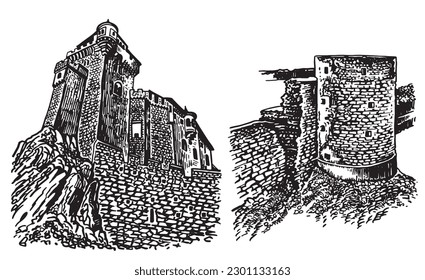 Graphical Liechtenstein castle and Koporye fortress isolated on white,vector illustration, architecture of Germany and Russia