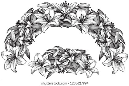graphical lily flower arc composition, black and white.