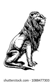 Graphical lion sitting and looking into the distance,vector sketch