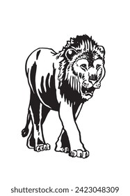 Graphical lion walking on white background, graphical illustration 