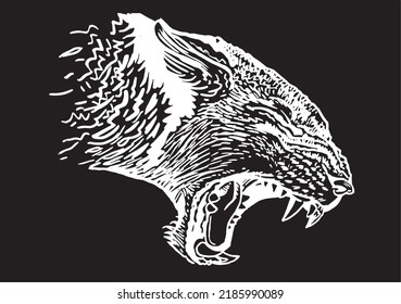 Graphical lioness with open mouth roaring isolated on black,vector illustration, grin