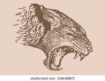 Graphical lioness with open mouth roaring  on sepia background,vector illustration, grin