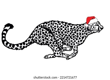 Graphical lioness in Santa Claus hat running isolated on white background,vector illustration. Christmas element in design