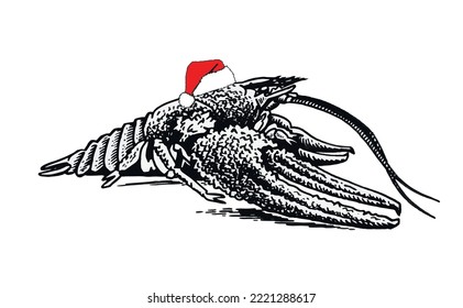 Graphical lobster in red Santa Claus hat isolated on white background,vector seafood illustration
