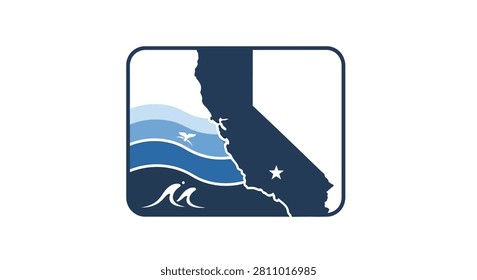 A graphical logo featuring the silhouette of the state of California with layered blue ocean waves and a white star symbol within a rounded square frame.