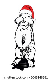 Graphical lovely bunny in Santa Claus hat standing on paws ,vector illustration for art, design and typography