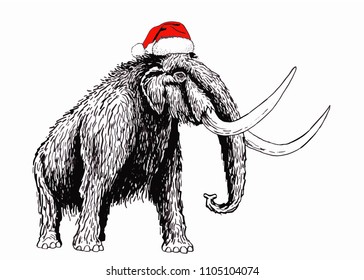 Graphical mammoth in Santa Claus hat isolated on white background,vector new year illustration