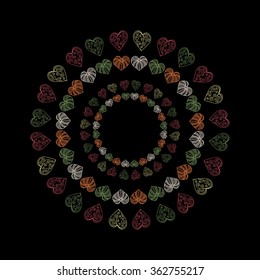 Graphical mandala created using different colorful hand drawn hearts. Vector illustration for wedding design, textile and wallpaper design, web design, Valentine's cards etc.