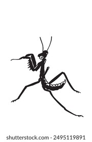 Graphical mantis isolated on white background, vector illustration. Insect black silhouette