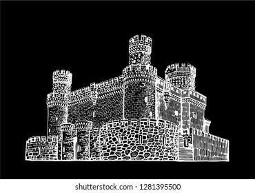 Graphical Manzanares el Real Castle isolated on black background, 15 century fortress, Madrid,Spain. Vector illustration