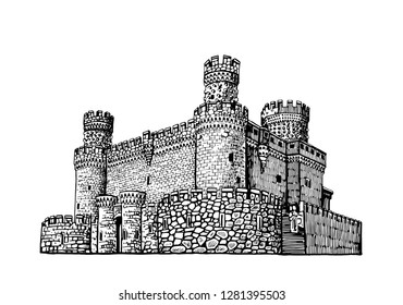 Graphical Manzanares el Real Castle isolated on white background, 15 century fortress, Madrid,Spain.Vector illustration