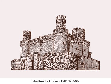 Graphical Manzanares el Real Castle , 15 century fortress, Madrid,Spain.Vector retro illustration