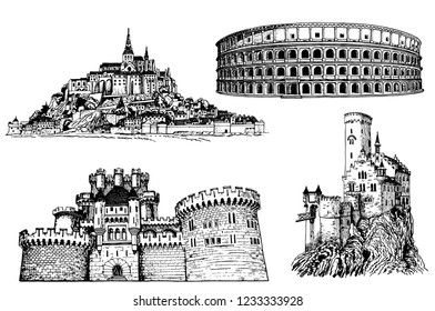 Graphical medieval castles, coliseum,Mont Saint -Michel, Lichtenstein Castle,butron castle,white background,vector