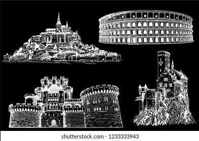 Graphical medieval castles, coliseum,Mont Saint -Michel, Lichtenstein Castle,butron castle,black background,vector