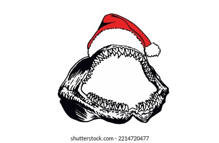 Graphical megalodon Jaw in Santa Claus hat, shark jaw isolated on white background,vector illustration