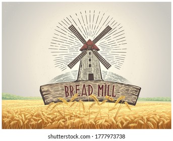 Grafische Mühle mit ländlicher Landschaft und reifen Ohren im Vordergrund.