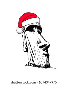 Graphical moai in Santa Claus hat isolated on white background,vector