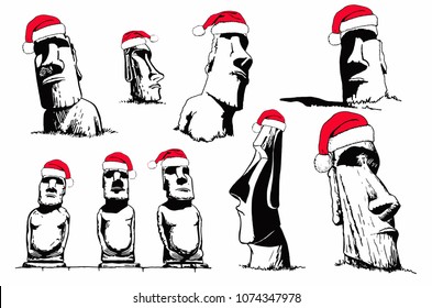 Graphical moai in Santa Claus hat isolated on white background,vector