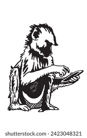 Graphical monkey sitting and pressing fingers smartphone on white background, vector illustration