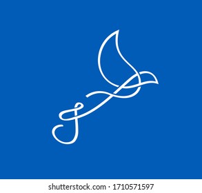 Graphical mono line bird logo. Isolated on blue background.