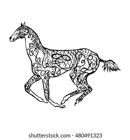 Graphical monochrome image of a galloping horse , drawing in style vector abstract 
illustration
