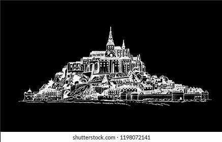 Graphical Mont Saint -Michel medieval castle isolated on black, French sightseeing,vector